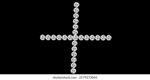 Plus Icon On Black Background, Silver Rhinestone Diamonds Add Sign Vector Illustration.