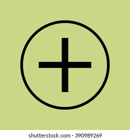 Plus icon, on green background, circle border, dark outline