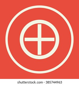 Plus Icon, on red background, white circle border, white outline