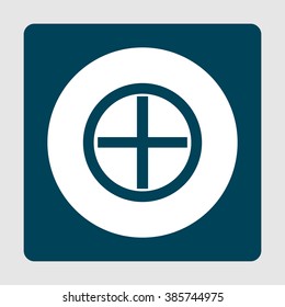 Plus Icon, on white circle background surrounded by blue