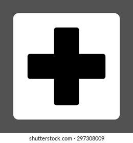 Plus icon from Primitive Buttons OverColor Set. This rounded square flat button is drawn with black and white colors on a gray background.