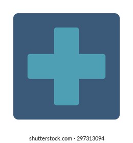 Plus icon from Primitive Buttons OverColor Set. This rounded square flat button is drawn with cyan and blue colors on a white background.