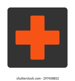 Plus icon from Primitive Buttons OverColor Set. This rounded square flat button is drawn with orange and gray colors on a white background.