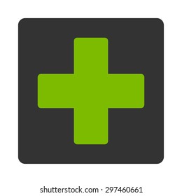 Plus icon from Primitive Buttons OverColor Set. This rounded square flat button is drawn with eco green and gray colors on a white background.