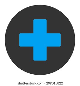 Plus icon from Primitive Round Buttons OverColor Set. This round flat button is drawn with blue and gray colors on a white background.