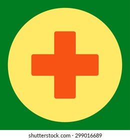 Plus icon from Primitive Round Buttons OverColor Set. This round flat button is drawn with orange and yellow colors on a green background.