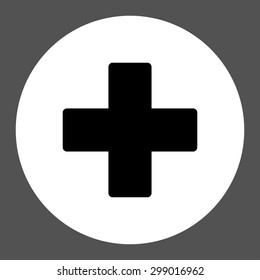 Plus icon from Primitive Round Buttons OverColor Set. This round flat button is drawn with black and white colors on a gray background.