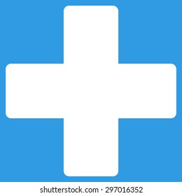 Plus icon from Primitive Set. This isolated flat symbol is drawn with white color on a blue background, angles are rounded.