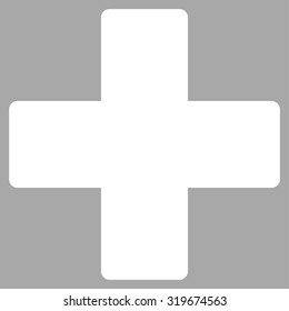 Plus icon from Primitive Set. This isolated flat symbol is drawn with white color on a silver background, angles are rounded.