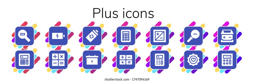 plus icon set. 14 filled plus icons. Included Zoom out, Calculator, Battery, Exposure, Favorite icons