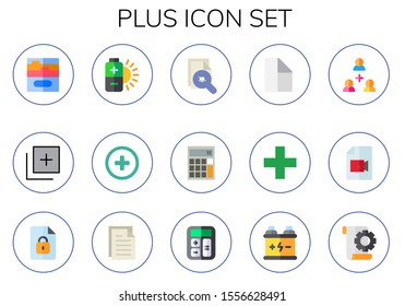 plus icon set. 15 flat plus icons.  Collection Of - file, add, battery, calculator, add user icons