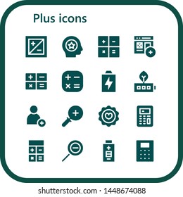 plus icon set. 16 filled plus icons.  Collection Of - Exposure, Favorite, Calculator, Add, Battery, Zoom in, Zoom out