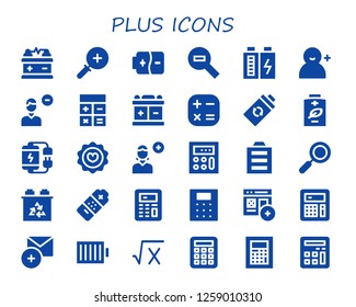  plus icon set. 30 filled plus icons. Simple modern icons about  - Battery, Zoom in, Zoom out, Add user, Remove user, Calculator, Favorite, Full battery, Zoom, Add, Math