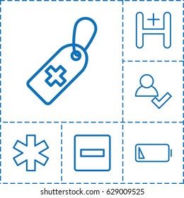 Plus icon. set of 6 plus outline icons such as medical cross tag, medical sign, hospital, low battery, minus