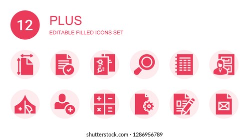 plus icon set. Collection of 12 filled plus icons included File, Loupe, Red cross, Add user, Calculator, Files
