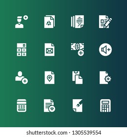 plus icon set. Collection of 16 filled plus icons included Calculator, File, Paste clipboard, Add user, Volume up, Add button
