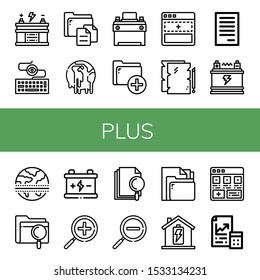 plus icon set. Collection of Battery, Keylogger, File, Climate change, Car battery, Add, Equator, Zoom in, Zoom out, Maths icons