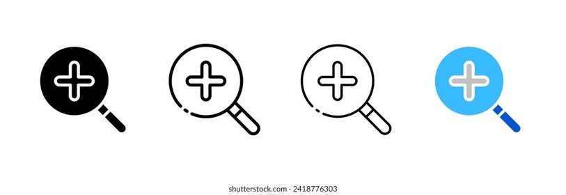 Plus Icon Set. Wunderglas. Silhouette, linear und flach. Vektorsymbole.