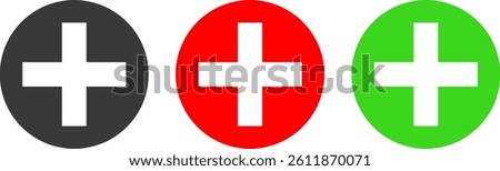 plus icon set. medical or pharmacy icon. red and green color. Plus minus and multiplying round button. add icon symbol
