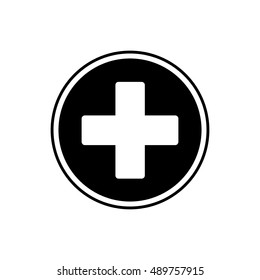 Plus icon. white cross in a black circle, hospital