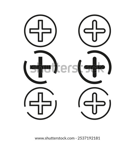 Plus icons. Add button symbols. Positive circular shapes. Vector illustration.