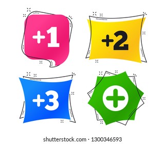 Plus icons. Positive symbol. Add one, two, three and four more sign. Geometric colorful tags. Banners with flat icons. Trendy design. Vector