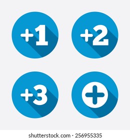 Plus icons. Positive symbol. Add one, two, three and four more sign. Circle concept web buttons. Vector