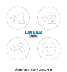 Plus icons. Positive symbol. Add one, two, three and four more sign. Linear outline web icons. Vector