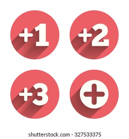 Plus icons. Positive symbol. Add one, two, three and four more sign. Pink circles flat buttons with shadow. Vector