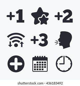 Plus icons. Positive symbol. Add one, two, three and four more sign. Wifi internet, favorite stars, calendar and clock. Talking head. Vector