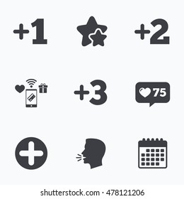 Plus icons. Positive symbol. Add one, two, three and four more sign. Flat talking head, calendar icons. Stars, like counter icons. Vector