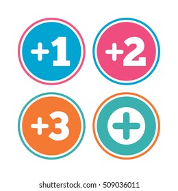 Plus icons. Positive symbol. Add one, two, three and four more sign. Colored circle buttons. Vector