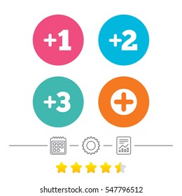 Plus icons. Positive symbol. Add one, two, three and four more sign. Calendar, cogwheel and report linear icons. Star vote ranking. Vector