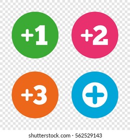 Plus icons. Positive symbol. Add one, two, three and four more sign. Round buttons on transparent background. Vector