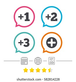 Plus icons. Positive symbol. Add one, two, three and four more sign. Calendar, internet globe and report linear icons. Star vote ranking. Vector