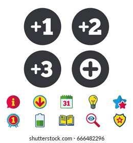 Plus icons. Positive symbol. Add one, two, three and four more sign. Calendar, Information and Download signs. Stars, Award and Book icons. Light bulb, Shield and Search. Vector