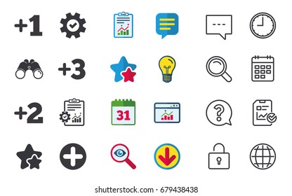 Plus icons. Positive symbol. Add one, two, three and four more sign. Chat, Report and Calendar signs. Stars, Statistics and Download icons. Question, Clock and Globe. Vector
