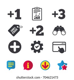 Plus icons. Positive symbol. Add one, two, three and four more sign. Browser window, Report and Service signs. Binoculars, Information and Download icons. Stars and Chat. Vector