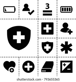 Plus icons. set of 13 editable filled plus icons such as plus, add user, medical sign, 3 allowed, add favorite, add friend, battery, ful battery, low battery