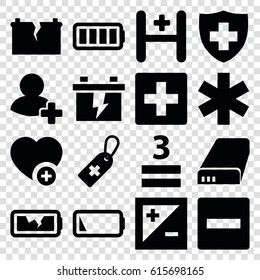 Plus icons set. set of 16 plus filled icons such as battery, medical cross tag, medical sign, 3 allowed, add favorite, add friend, hospital, ful battery, light exposure, plus