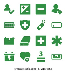 Plus icons set. set of 16 plus filled icons such as battery, medical cross tag, medical sign, 3 allowed, add favorite, add friend, ful battery, light exposure, plus, minus