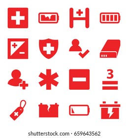 Plus icons set. set of 16 plus filled icons such as battery, medical cross tag, medical sign, 3 allowed, add friend, hospital, ful battery, light exposure, plus, minus