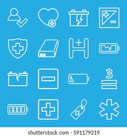 plus icons set. Set of 16 plus outline icons such as battery, medical cross tag, medical sign, 3 allowed, add favorite, hospital, ful battery, light exposure, plus, minus