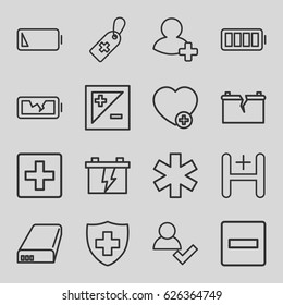 Plus icons set. set of 16 plus outline icons such as battery, medical cross tag, medical sign, add favorite, add friend, hospital, ful battery, light exposure, plus, minus