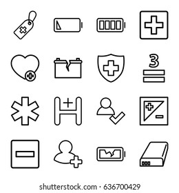 Plus icons set. set of 16 plus outline icons such as medical cross tag, medical sign, 3 allowed, add favorite, add friend, hospital, battery, ful battery, light exposure, plus