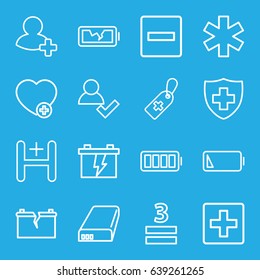 Plus icons set. set of 16 plus outline icons such as battery, medical cross tag, medical sign, 3 allowed, add favorite, add friend, hospital, ful battery, plus, minus