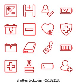 Plus icons set. set of 16 plus outline icons such as battery, medical cross tag, medical sign, 3 allowed, add favorite, add friend, hospital, ful battery, light exposure, plus