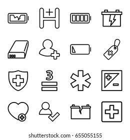 Plus icons set. set of 16 plus outline icons such as battery, medical cross tag, medical sign, 3 allowed, add favorite, add friend, hospital, ful battery, light exposure, plus