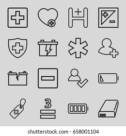 Plus icons set. set of 16 plus outline icons such as battery, medical cross tag, medical sign, 3 allowed, add favorite, add friend, hospital, ful battery, light exposure, plus
