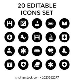 Plus icons. set of 20 editable filled plus icons such as add user, medical sign, 3 allowed, add favorite, add friend, hospital. best quality plus elements in trendy style.